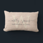 Pink Linen  Ivory Monogram Wedding Keepsake Lumbar Cushion<br><div class="desc">Elegant wedding keepsake pink woven linen effect pillow with your text in dark grey chic handwritten script calligraphy. Simply add your names, monogram and wedding date. Great gift for a newlywed couple. Exclusively designed for you by Happy Dolphin Studio. If you need any help or matching products, please contact us...</div>