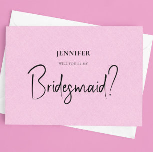 Pink Linen White Script Will You Be My Bridesmaid Invitation