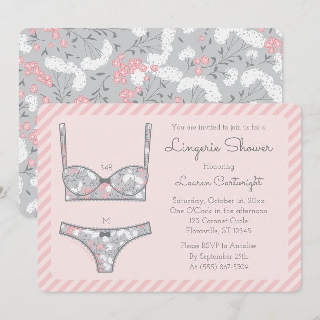 Pink Lingerie Shower Grey Floral Invitation (Front/Back)