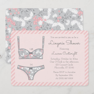 Pink Lingerie Shower Grey Floral Invitation