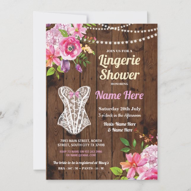 Pink Lingerie Shower Wood Flowers Invitation (Front)