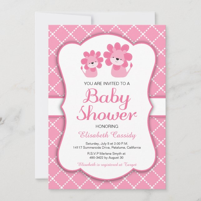 Pink Lion, Chevron Girl Baby Shower Invitation (Front)