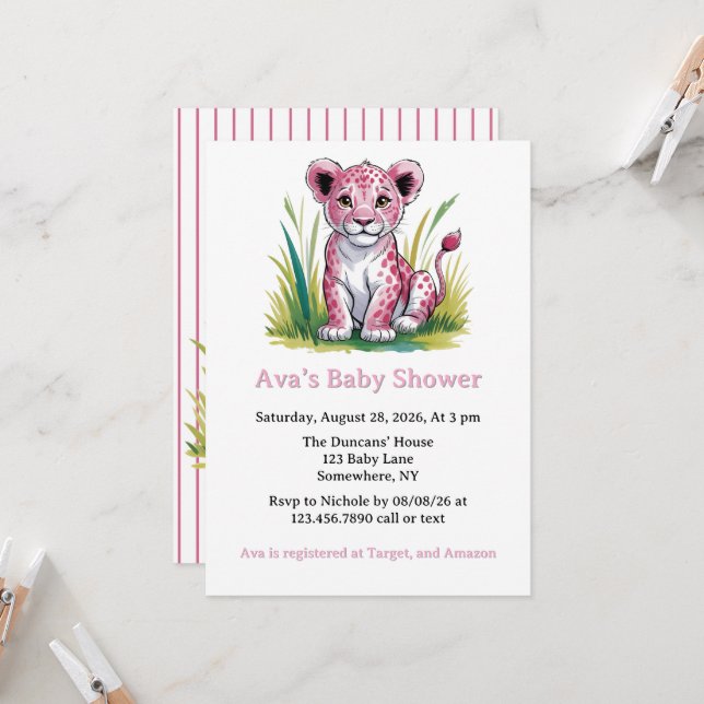 Pink Lion Girl Baby Shower Invitation (Front/Back In Situ)