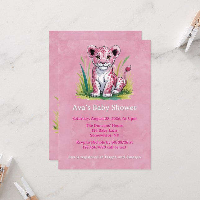Pink Lion Girl Baby Shower Invitation (Front/Back In Situ)