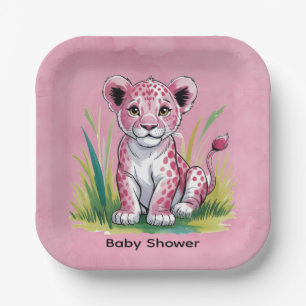 Pink Lion Girl Baby Shower Paper Plate