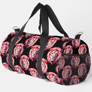 Pink Lion Head Animal Pattern Design - Black Duffle Bag