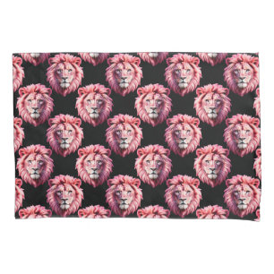 Pink Lion Head Animal Pattern Design - Black  Pillowcase