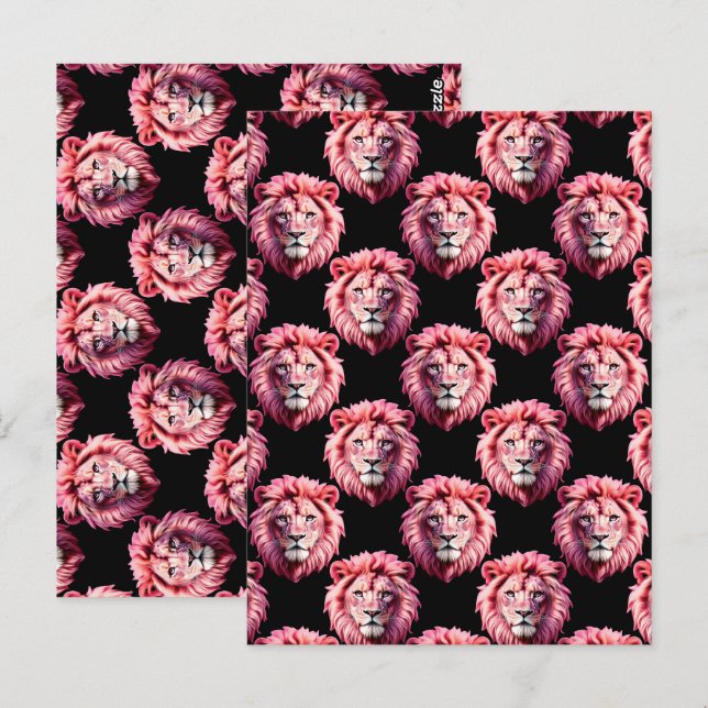 Pink Lion Head Animal Pattern Design - Black  Postcard (Front/Back)