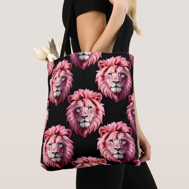 Pink Lion Head Animal Pattern Design - Black  Tote Bag (Creator Uploaded)