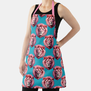 Pink Lion Head Animal Pattern Design Blue Apron