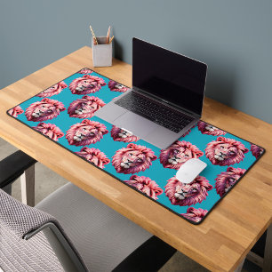 Pink Lion Head Animal Pattern Design Blue Desk Mat