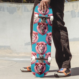 Pink Lion Head Animal Pattern Design Blue Skateboard