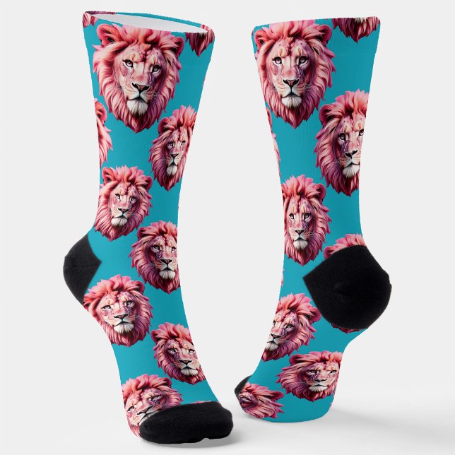 Pink Lion Head Animal Pattern Design Blue  Socks (Creator Uploaded)