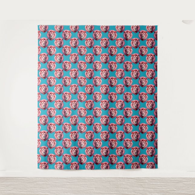 Pink Lion Head Animal Pattern Design Blue  Tapestry (Front)