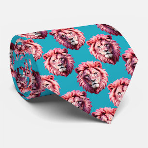 Pink Lion Head Animal Pattern Design Blue  Tie