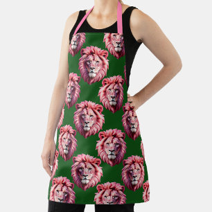 Pink Lion Head Animal Pattern Design Green  Apron