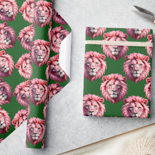 Pink Lion Head Animal Pattern Design Green  Wrapping Paper
