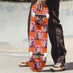 Pink Lion Head Animal Pattern Design Orange Skateboard
