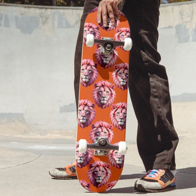 Pink Lion Head Animal Pattern Design Orange  Skateboard (Creator Uploaded)