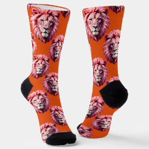 Pink Lion Head Animal Pattern Design Orange Socks