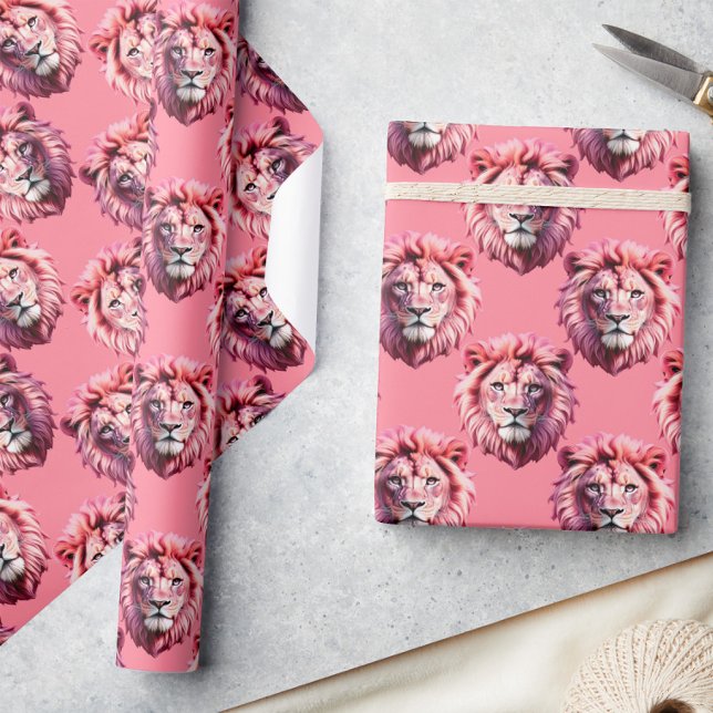Pink Lion Head Animal Pattern Design Pink  Wrapping Paper (Creator Uploaded)