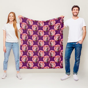 Pink Lion Head Animal Pattern Design Purple Fleece Blanket