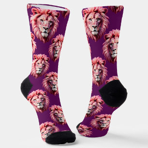 Pink Lion Head Animal Pattern Design Purple Socks