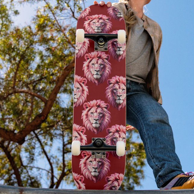 Pink Lion Head Animal Pattern Design Red  Skateboard (Creator Uploaded)
