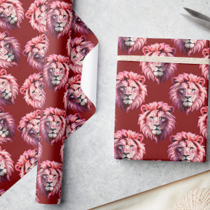 Pink Lion Head Animal Pattern Design Red  Wrapping Paper