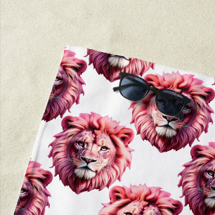 Pink Lion Head Animal Pattern Design White Beach Towel