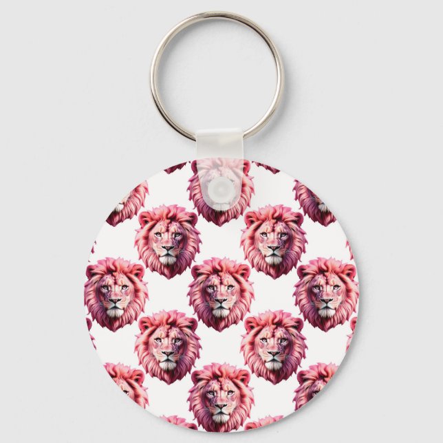 Pink Lion Head Animal Pattern Design White  Key Ring (Front)