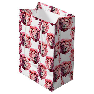 Pink Lion Head Animal Pattern Design White Medium Gift Bag