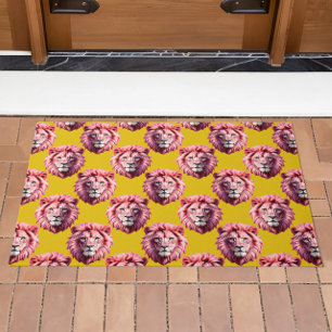 Pink Lion Head Animal Pattern Design Yellow Doormat