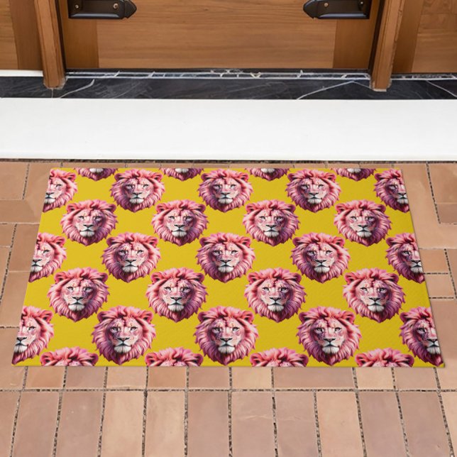 Pink Lion Head Animal Pattern Design Yellow  Doormat (Creator Uploaded)