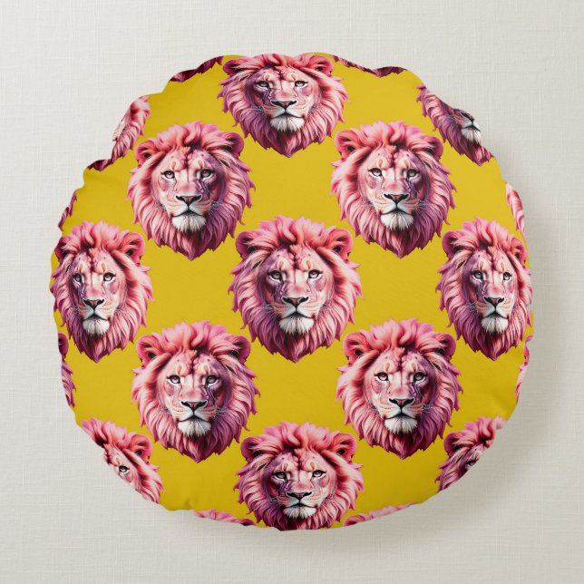 Pink Lion Head Animal Pattern Design Yellow  Round Cushion (Front)