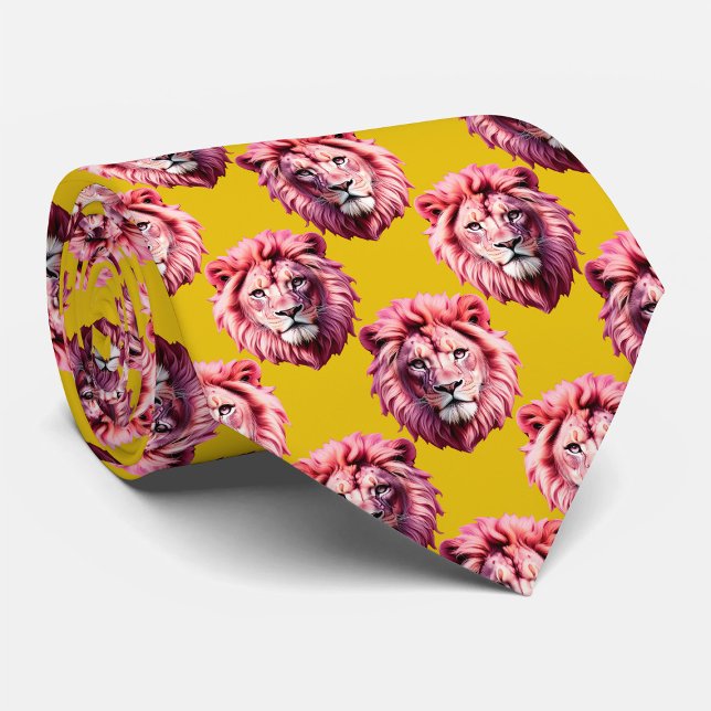 Pink Lion Head Animal Pattern Design Yellow  Tie (Creator Uploaded)