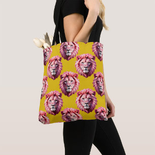 Pink Lion Head Animal Pattern Design Yellow Tote Bag