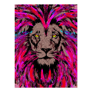 Pink Lion Head - Lion Face Portrait Drawing Poster