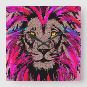 Pink Lion Head - Lion Face Portrait Drawing Therma Square Wall Clock