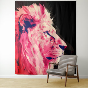 Pink Lion Majesty on Black Canvas Tapestry
