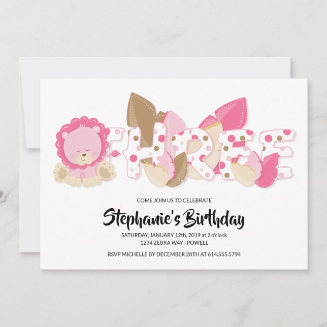 Pink Lion Third Birthday Party Invitation (Front)
