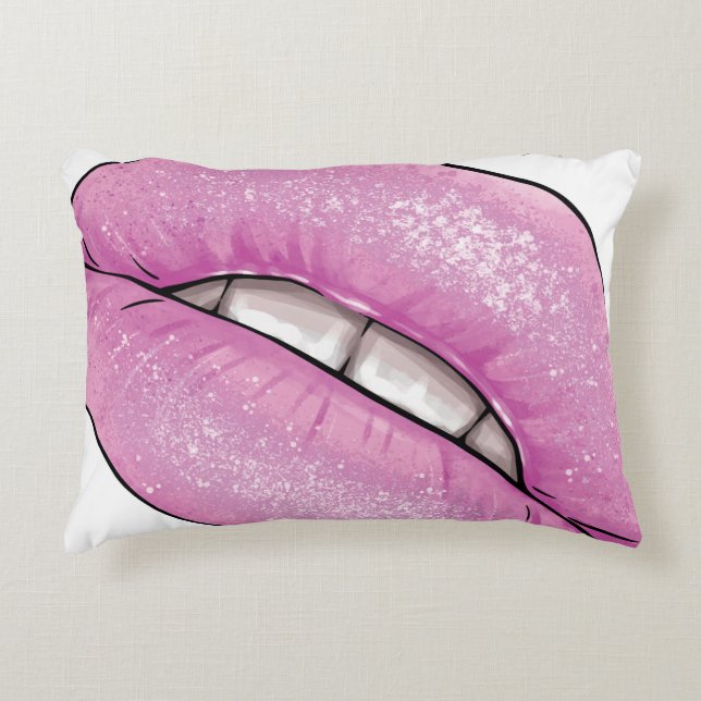 Pink lip colour gloss with teeth decorative cushion (Front)