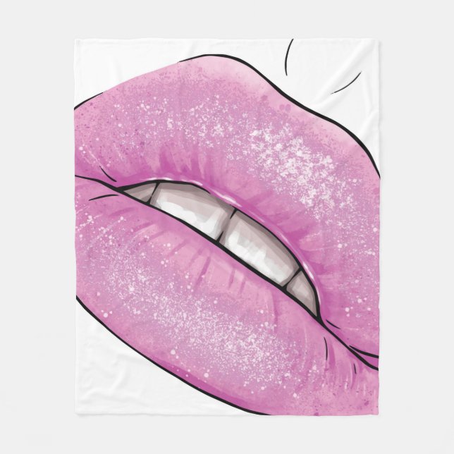 Pink lip colour gloss with teeth fleece blanket (Front)