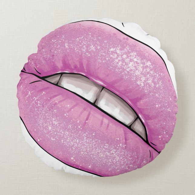 Pink lip colour gloss with teeth round cushion (Front)