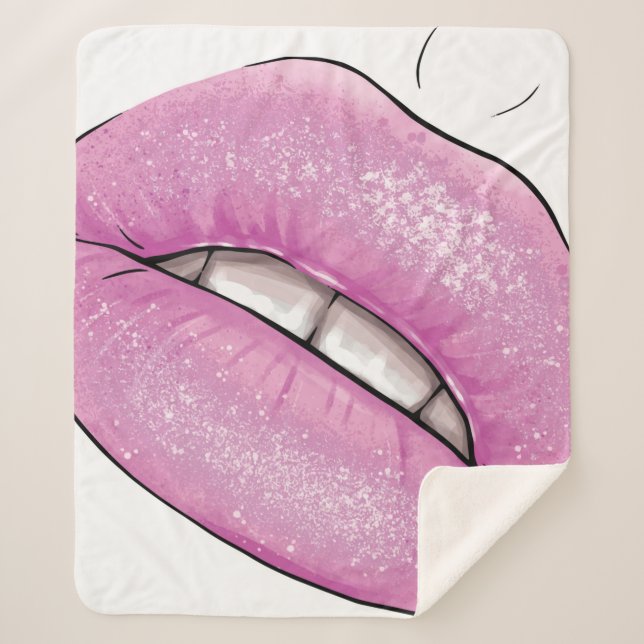 Pink lip colour gloss with teeth sherpa blanket (Front)