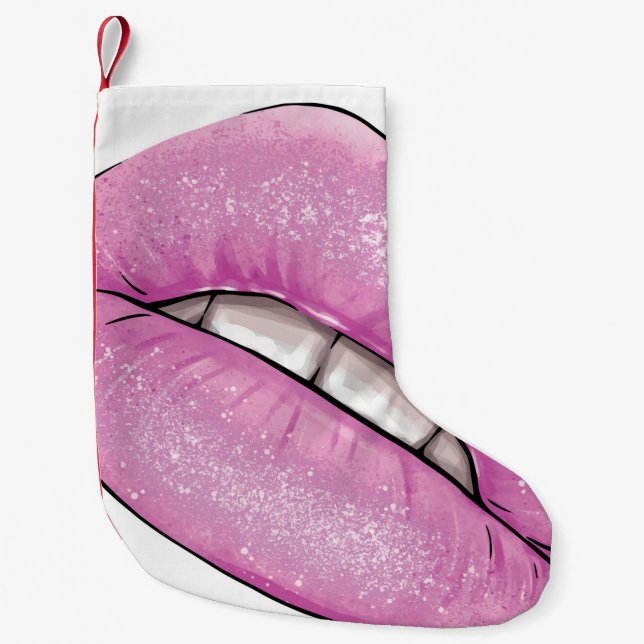 Pink lip colour gloss with teeth small christmas stocking (Front)