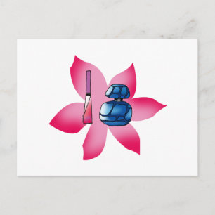 Pink lip gloss and a blue perfume postcard