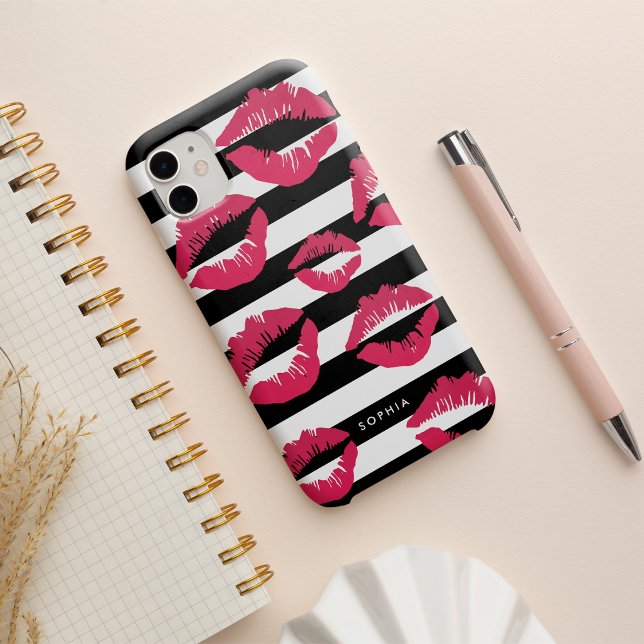 Pink Lip Print Kisses Black & White Stripe Case-Mate iPhone Case (Creator Uploaded)