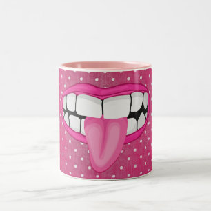 pink lips and tongue polka dot Two-Tone coffee mug