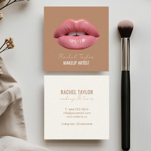 Pink Lips   Coffee Brown Square  Square Business Card